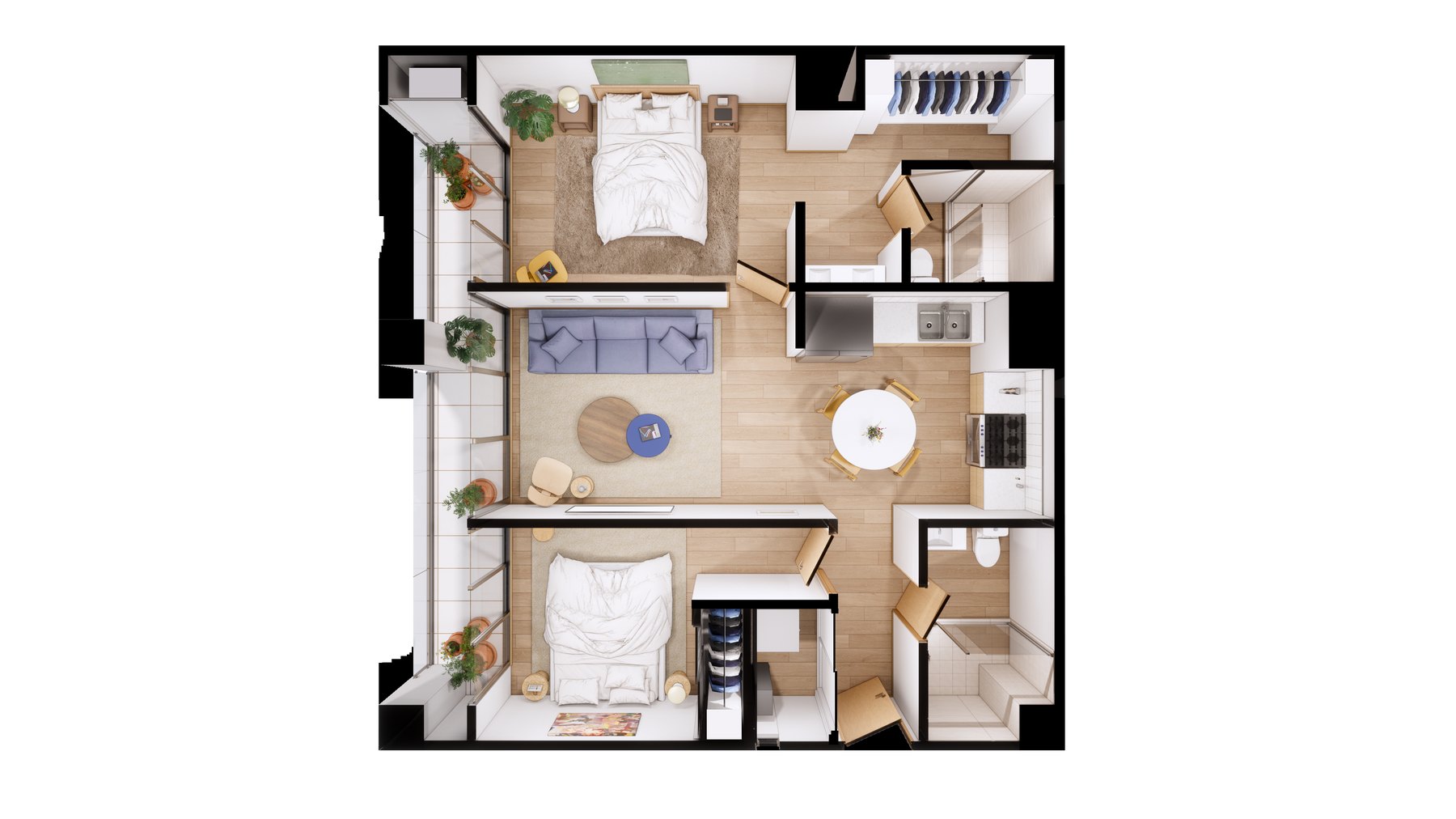 Planta ilustrada de la residencia Cedro — 89.63 m², 2 recámaras, 2 baños