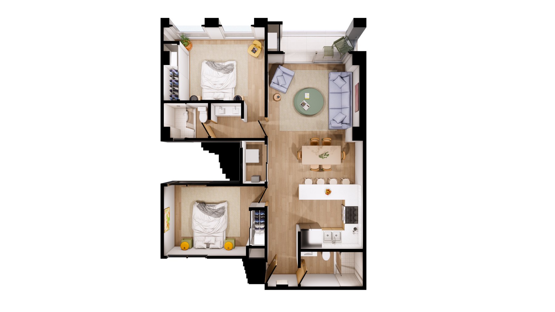 Planta ilustrada de la residencia Laurel — 89.95 m², 2 recámaras, 2 baños