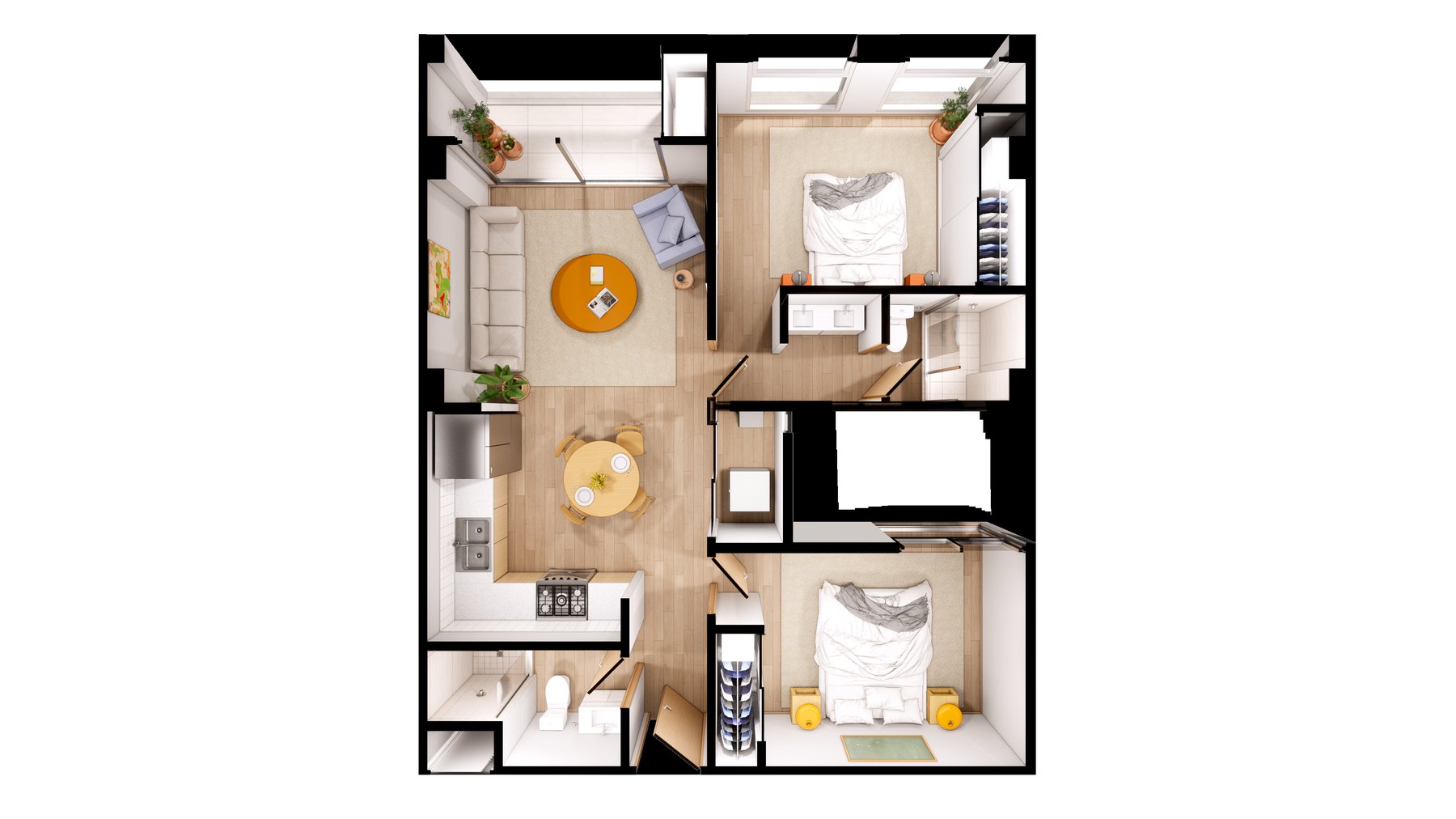 Planta ilustrada de la residencia Nogal — 81.25 m², 2 recámaras, 2 baños