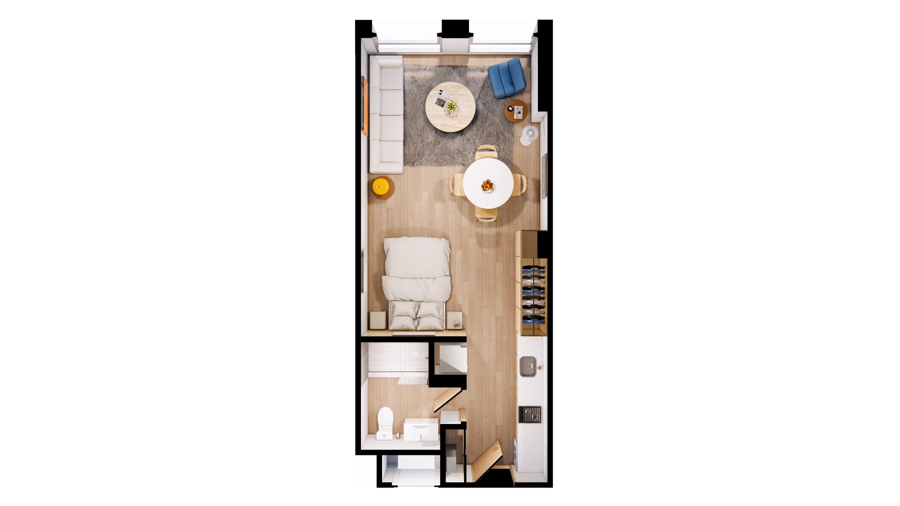 Planta ilustrada de la residencia Olivo — 45.73 m², 1 recámara, 1 baño