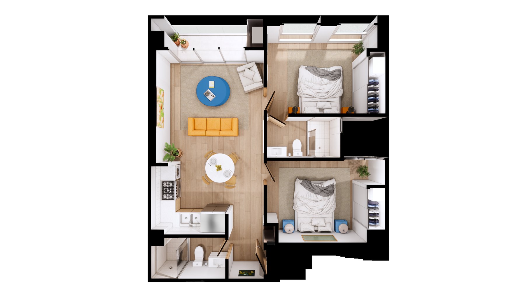 Planta ilustrada de la residencia Roble — 77.48 m², 2 recámaras, 2 baños