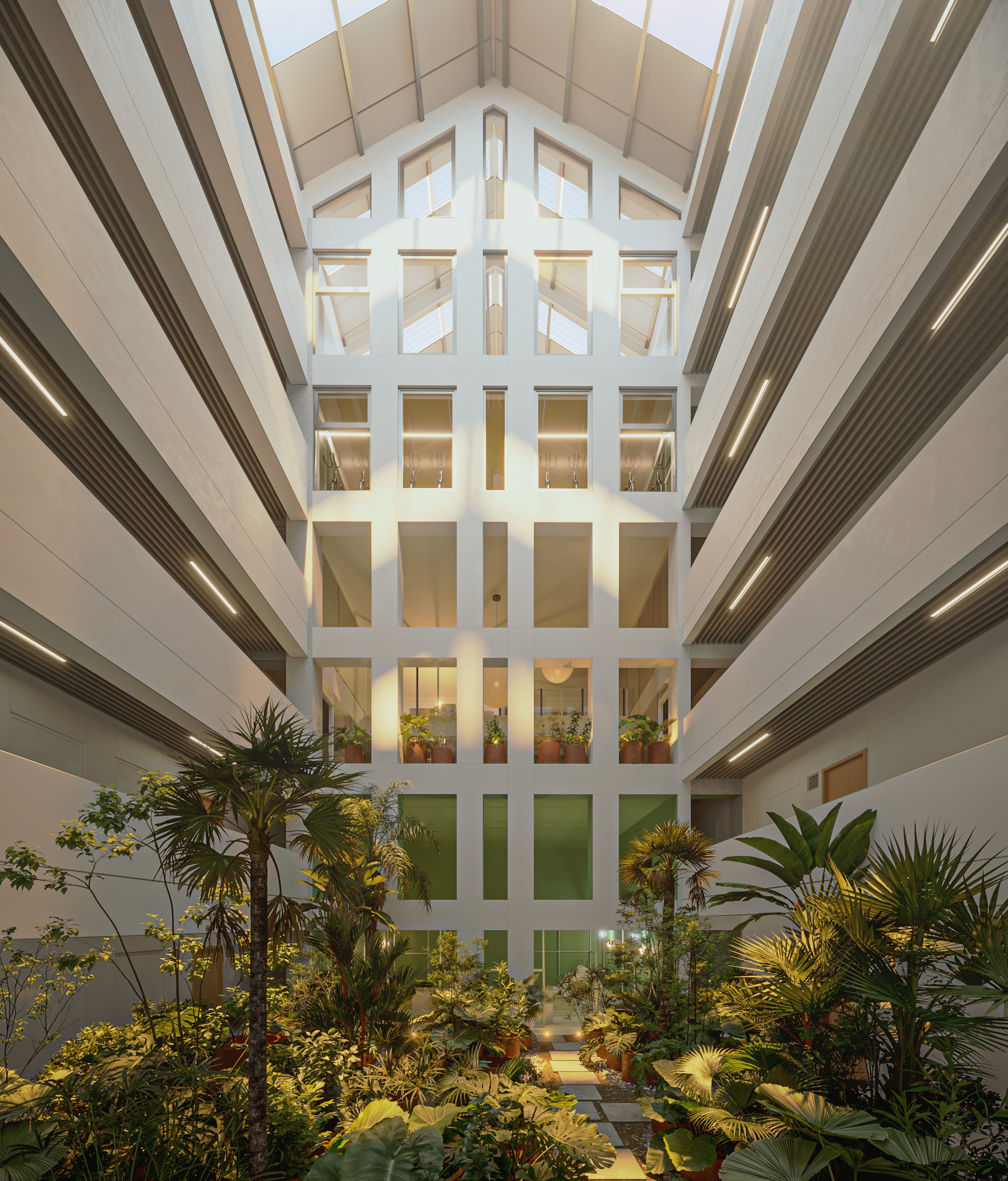 Atrio central de Henry — patio de luz natural, render