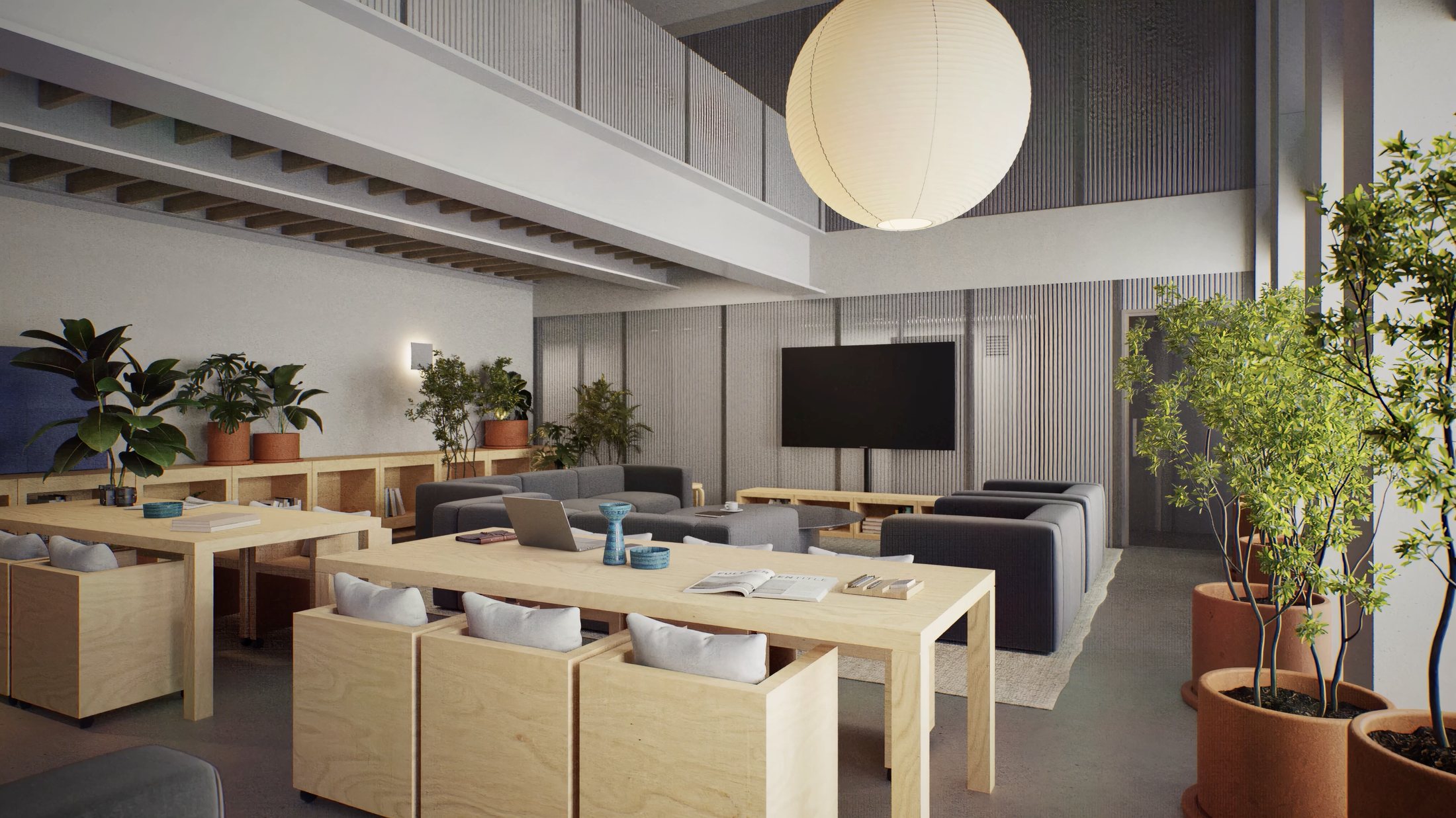 Coworking de Henry — sala de trabajo común, render