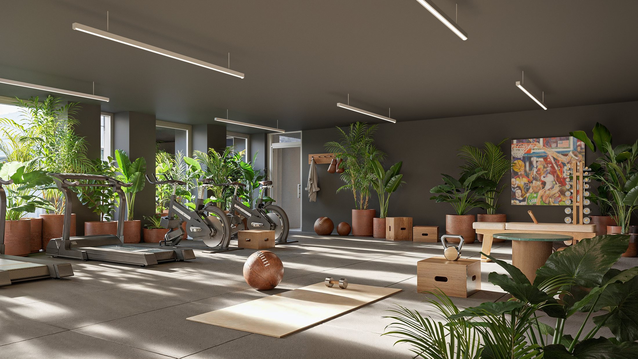 Gimnasio de Henry — equipamiento entre vegetación y luz natural, render