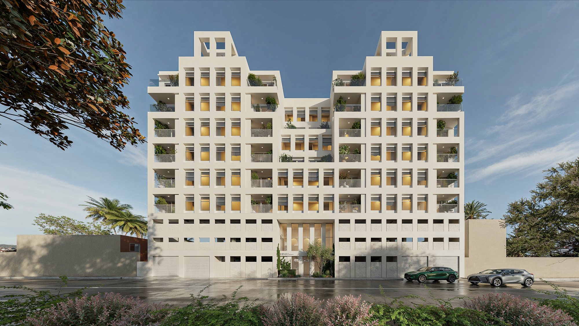 Edificio Henry en La Ermita — fachada de ocho niveles desde la calle, render