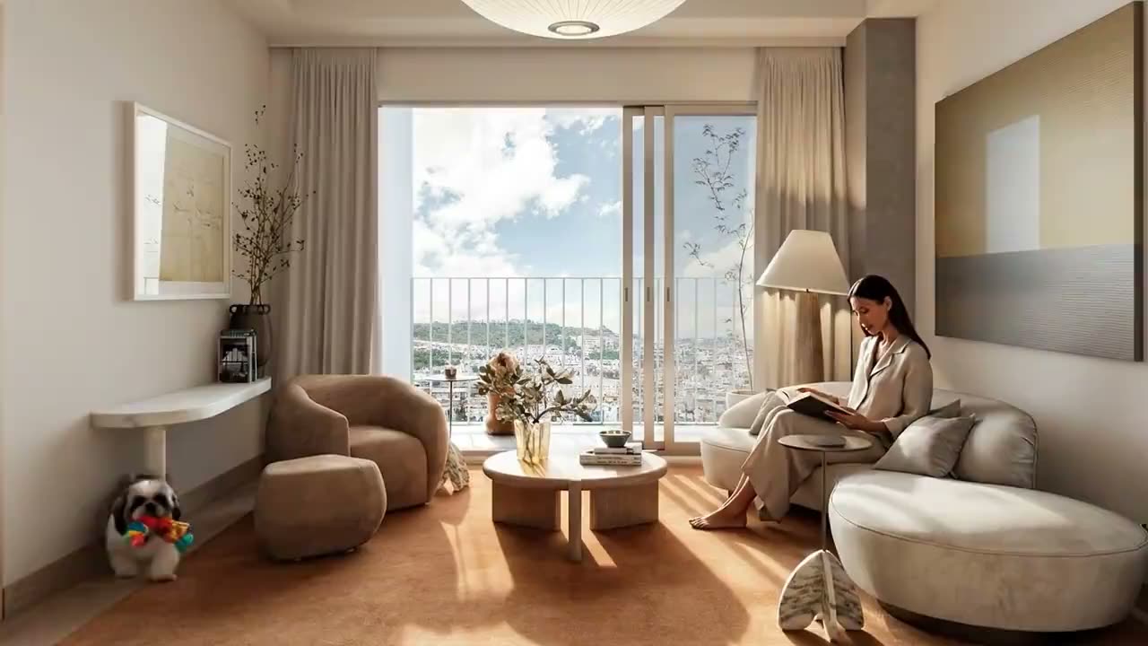 Interior de una residencia Henry — sala y comedor con luz natural, render Faury Studio